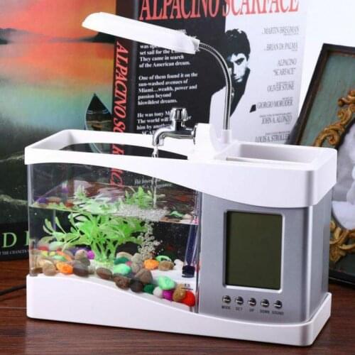Aquarium Desktop Fish Tank USB Mini Electronic LED Fish Bowl Decoration With Water Pump LED Light Calendar Clock