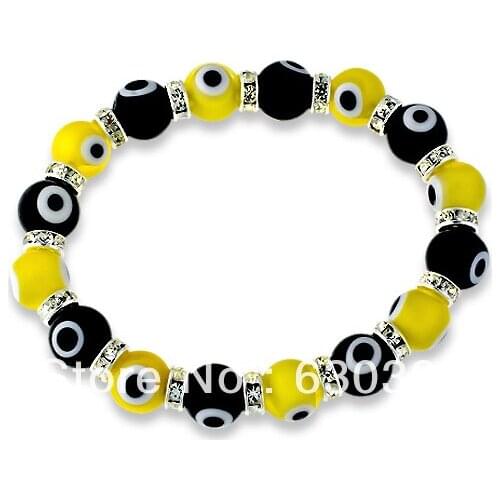 Free shipping 10mm Yellow and black color multi glass lucky evil eye bracelet