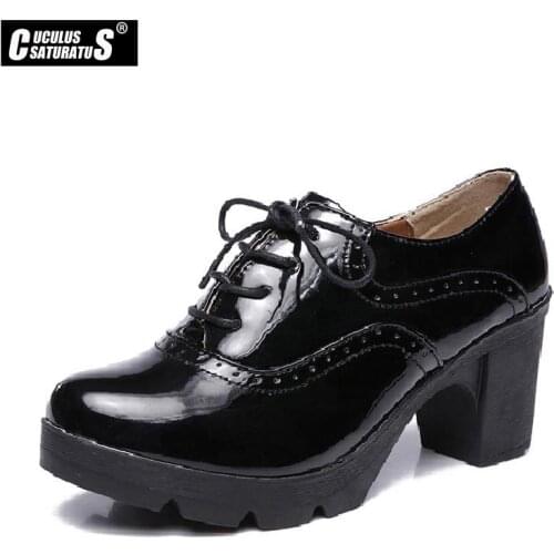 Cuculus 2020 Winter Women Shoes Casual Lace Up New Brogue Shoes Solid patent Leather High Heel Thick Elegrant Zapatos Tacon 1080