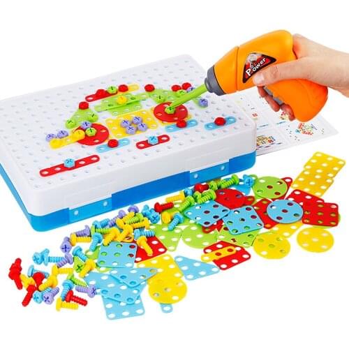 Kids Drill Toys Creative Electric Drill Screws Puzzle Assembled Mosaic Design Building Toys Pretend Play Educational Toy for Boy