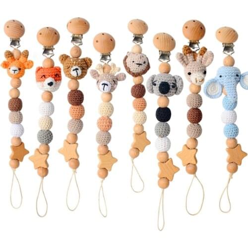 Baby Dummy Chain Wood Pacifier Clip Bear Head Bead Dummy Clip Infant Teether Toy