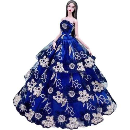 Elegant Royal Blue Floral Off Shoulder Lace Dress For Barbie Doll Clothes 1/6 BJD Accessory Princess Wedding Gown Dollhouse Toys