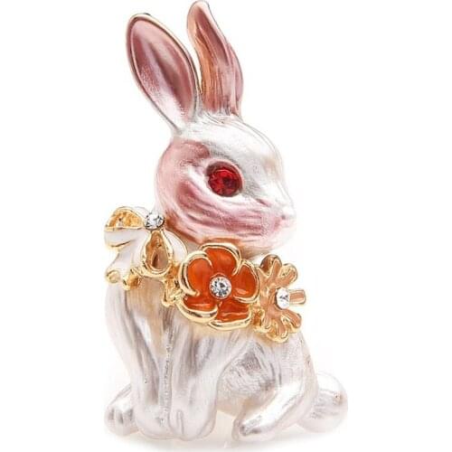 Pink Rabbit Flower Wrench Enamel Brooches Women Men Alloy Rhinestone Animal Wedding Banquet Party Brooch