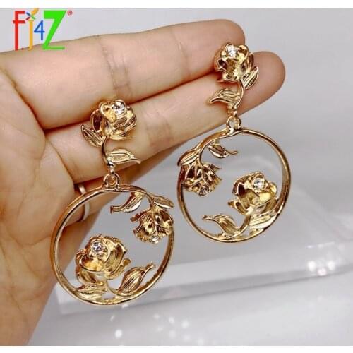 F.J4Z 2020 Women Earrings Golden Alloy Earrings for Party Romantic Rose Circle Dangle Earrings Lady Gift Jewelry dropship