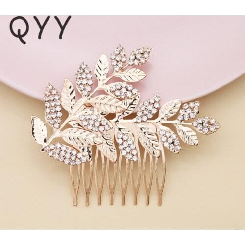 QYY Gold Color Leaves Rhinestone Bridal Hair Comb Cips Headpiece Wedding Hair Accessories Prom Luxury Jewelry for Women Gifts