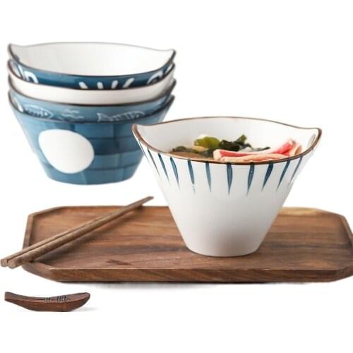 Interesting Binaural Ceramic Bowl Hand-Painted Salad Dessert Noodle Bowl Chopsticks Rice Soup Bamboo Hat Modeling Container