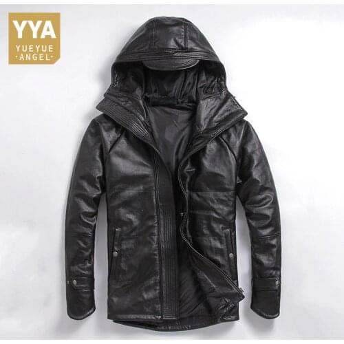 New Hooded Genuine Leather Jacket Winter Thick Warm Coat Motorcycle Plus Size 5XL Man Cowhide Real Leather Jackets Hat Clothes