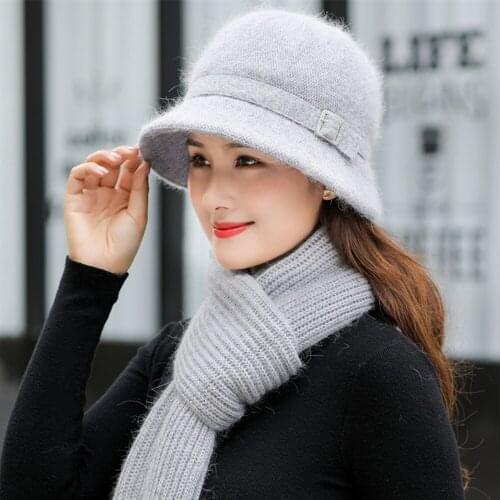 New Women Winter Hat Keep Warm Cap Add Fur Lined Hat & Scarf Warm Set Fashion Hat For Women Casual Rabbit Fur Knitted Bucket Hat