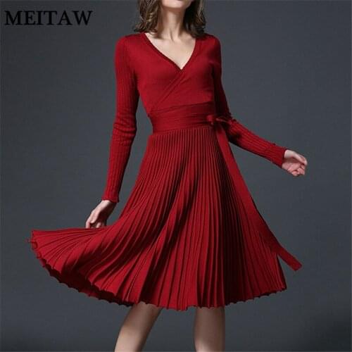 Autumn Winter Women Knit Dress Sexy V-Neck Long Sleeve Slim Elegant Pleated Party Dresses 2020 Casual Sweater Dress Vestidos