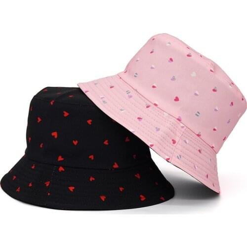 Men Women Fisherman Hat Black Pink Heart Print Panama Bucket Hat Outdoor Sun Hat Bob Chapeau Femme Hip Hop Hat Gorros