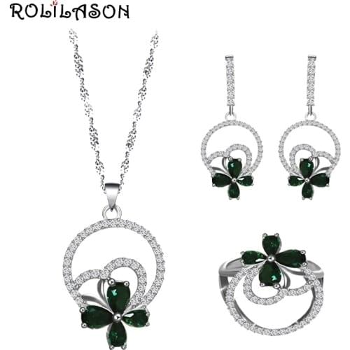 ROLILASON big sale green cubic zircon silver color jewelry ring earring necklace set women anniversary/wedding/party JS861