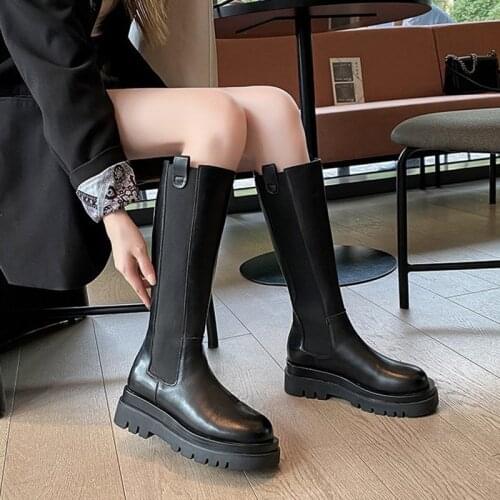 Woman Boots Fashion Waterproof Winter Shoes Zipper PU Leather Knee High Boots Non-slip Women Chunky Platform Shoes Long Boots