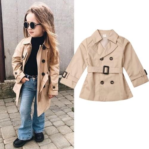 2-7Y Autumn Fashion Kids Girls Lapel Trench Long Sleeve Khaki Jacket Lined Trench Coat Outwear Belt