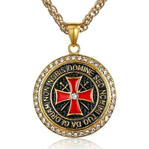 Vintage Knights Templar Iron Cross Pendant Necklace Cubic Zirconia Stainless Steel Ordre du Temple for Male Men Rock Jewelry