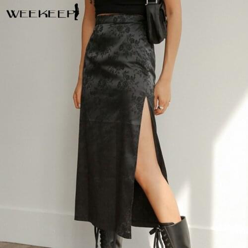 Weekeep Vintage Floral Print Satin Midi Skirts Women Side Split Sexy High Waist Skirts Summer Retro Black Casual Outfits Fashion