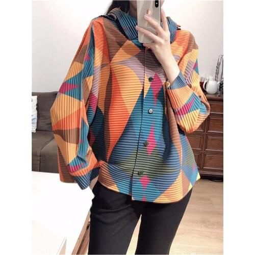 Miyake Pleated Vintage Shirt Jacket Design Button Geometric Designer Tops Korean Fashion Women Clothes