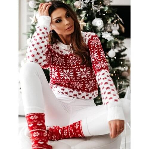 Women Christmas Sweaters Snowflake Pattern Print Classic Round Neck Long Sleeve Festive Clothing