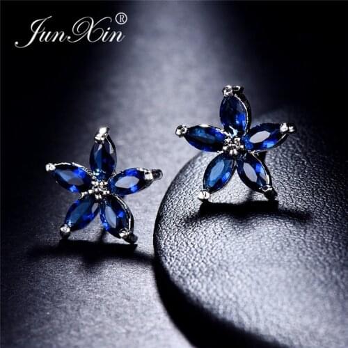 JUNXIN Multicolor Zircon Small Star Stud Earrings For Women White Gold Filled Royal Blue Purple Pink Earrings Wedding Jewelry