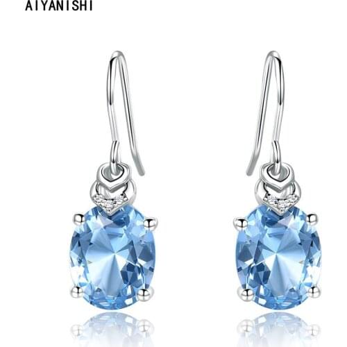 AIYANISHI Fashion 925 Sterling Silver Earrings Blue Topaz 12*8mm Oval Drop Hook Earrings For Women Elegant Valentines Day Gifts