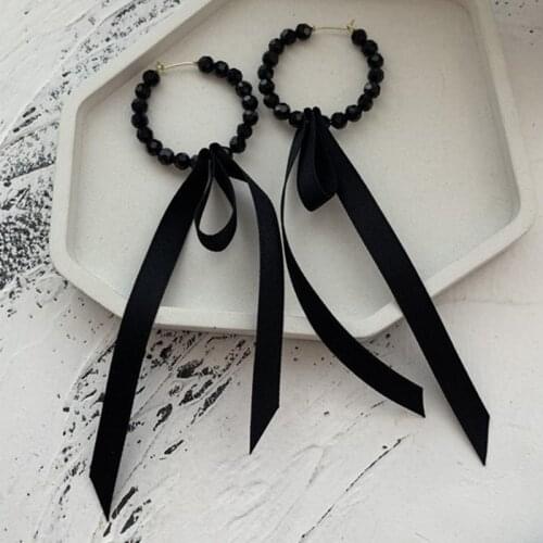2021 New Women Temperament Black Crystal Bow Earrings Creative Contracted Long Ribbon Earrings Jewelry Accessories
