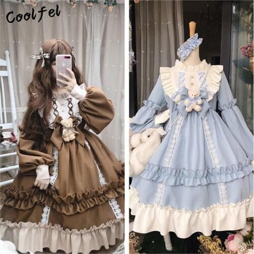 Kawaii Lolita Style Dress Women Lace Maid Costume Dress Cute Japanese Female Sweet Mid Dress ONE SIZE