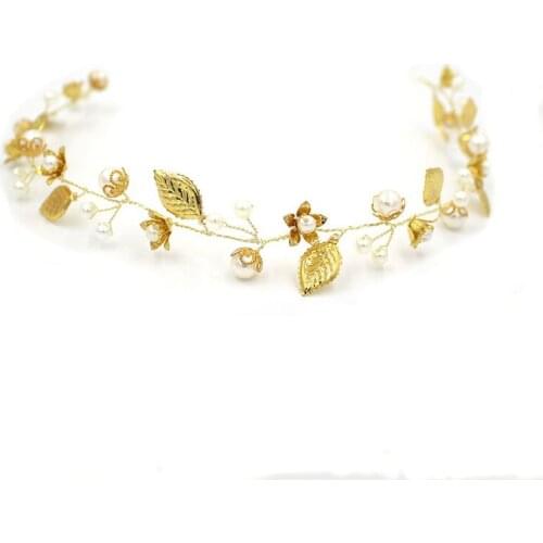 Gold Flower Bridal Hair Vine Headband Pearls Hair Jewelry Wedding Accessories Handmade Women Headpiece