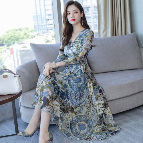 Spring Autumn Dress Womens Early Spring New Chiffon Over the Knee Medium Long Dresses High-end Plus Size Womens Printed Dresses