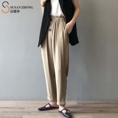 Women Autumn Trousers Casual Female Harem Pants Long Loose Elastic Waist Button Fly Pocket Cotton Pleats Cozy Retro Vintage New