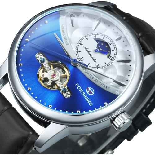 Forsining Classic Blue Moon Phase Mechanical Watch Men Automatic Tourbillon Genuine Leather Wristwatch Relogio Masculino Gift