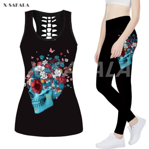 Skull Dance With Girl Flower 3D Printed Fitness Women Yoga Set Hollow Tank Top Leggings Outfit High Waist Stretchy Sport Pant-3