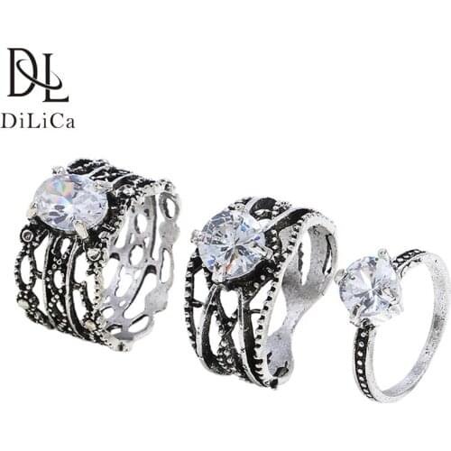 DiLiCa 3PCS/Set Fashion Women Ring Bohemian Vintage Crystal Rings Setting Female 2018 Ancient Silver Color Wide Statement Ring