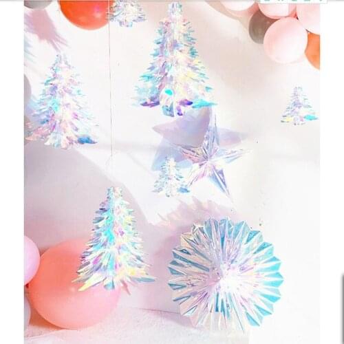 DIY Iridescent Shiny Rainbow Honeycomb Snowflake Christmas Tree Garlands Banner Hanging for Wedding Party Christmas Decoration