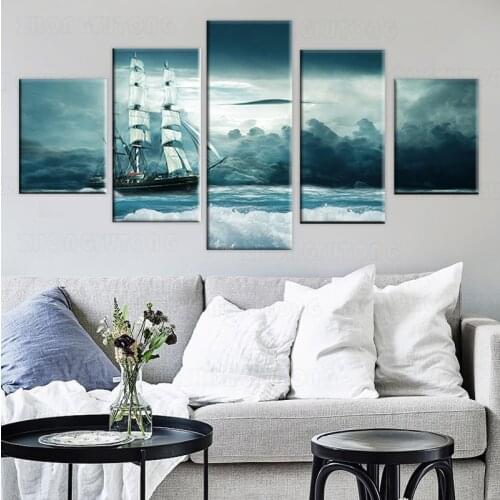 HD Printing Decor Living Room Paintings Wall Art 5 Pieces Ship Sea Waves Flower And Cloud Seascape Frame Pictures Modular Canvas