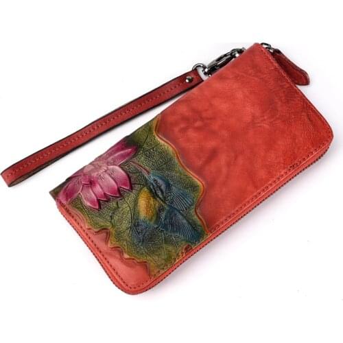 Women Long Wallet Money Clutch Wrist Bags Handy Zipper Bag Cards Holder Bird Flower Vintage Female Genuine Leather Purse