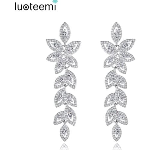 LUOTEEMI Long Drop Earrings for Women Bridal Wedding Engagement AAA Cubic Zircon Crystal Earring Fashion Leaf-Shaped Jewelry