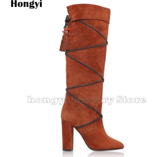 Fashion Winer Brown Black Suede Leather Fringed Block High Heeled Boots Women Pointed Toe knee High Boot Gladiator Shoes