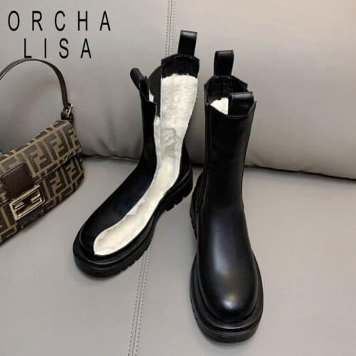 ORCHALISA Thick Plush Womans Chelsea Boots Anti Slip Snow Black Full Grain Leather 2021 Autumn Winter Ankle Boots Platform Shoe