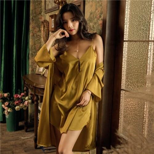 Autumn Sexy Women Sleepwear Robes+Gown Pijamas Set Faux Silk Nightgown Bathrobe Pijamas Sleep Lounge Set 2pcs Nightwear Pajamas