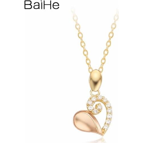 BAIHE Solid 18K Yellow Rose Gold 0.06CT Round Natural Diamonds Women Classic Engagement Jewelry Heart Diamond Necklaces