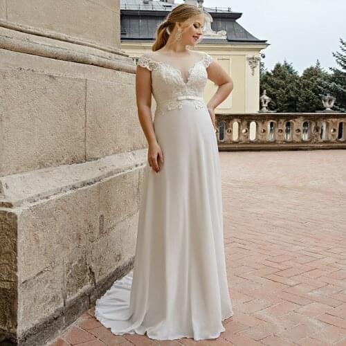 Modest Chiffon Plus Size Wedding Gowns 2021 Custom Made O-neck Cap Sleeve Lace Appliques Sweep Train Bridal Dress