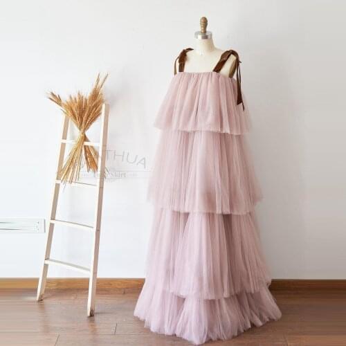 Cute Straps Tulle Maternity Dresses Sleeveless Boat Neck Tiered Ruffles Extra Puffy Tulle Pregnancy Plus Size Long Length