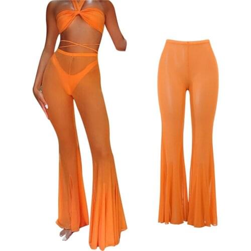 Women Summer Flared Trousers Solid Color Sheer Elastic High-Waist Bell-Bottomed Pants for Girls Orange