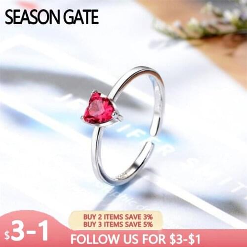 Season Gate 925 Sterling Silver Fashion Romantic Shining Red Heart Shape Adjustable Size Open Ring for Women Girls SR028