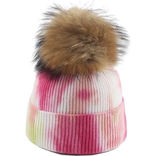 2020 Winter ReaL Fur Pom Pom Beanie Hats For Women Fashion Tie Dye Print Knitted Beanies Caps Ladies Soft Warm Wool Hat Gorros