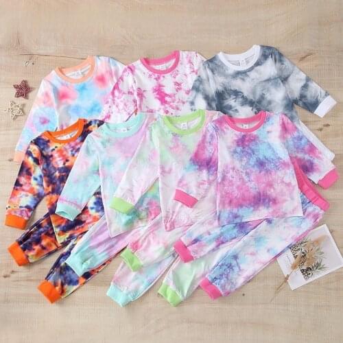 2021 Spring New Kids Pajamas Sets Boys Girls Tie Dye Printing Colorful Long Sleeve Homewear Outfits Children Clothes E180