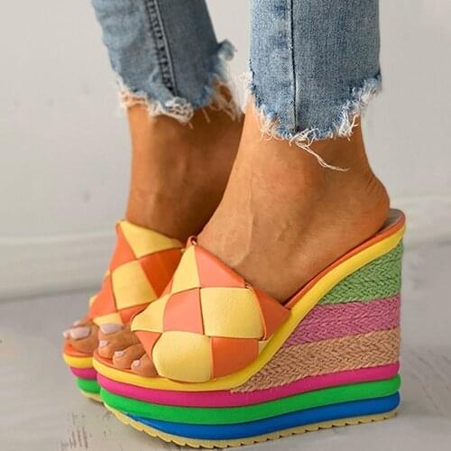 2021 Wedges Shoes for Women Retro Open Toe Ankle Platform Beach Sandals Plus Size Weave High Heels Buckle-Strap Roman Sandalias