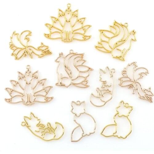 4pc/set Mix Cute Fox Metal Hollow Frame Pendant Gold Charm Bezel Setting Cabochon Setting DIY UV Resin Charm KC Gold Color