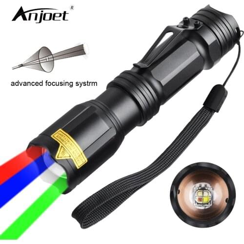 ANJOET Zoomable LED Flashlight Multifunctional Torch Red Green Blue White 4 Color in 1 Fishing Lamp