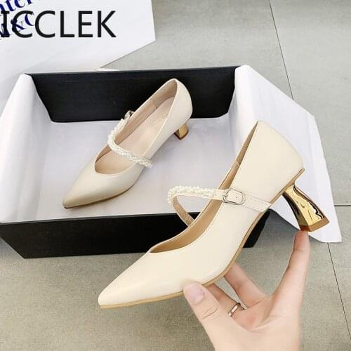 Brand String Bead Shoes Women Female Thin Med Heels Pointed Toe Pumps Work Party Wedding Shoes 2020 New Arrival Zapatos De Mujer