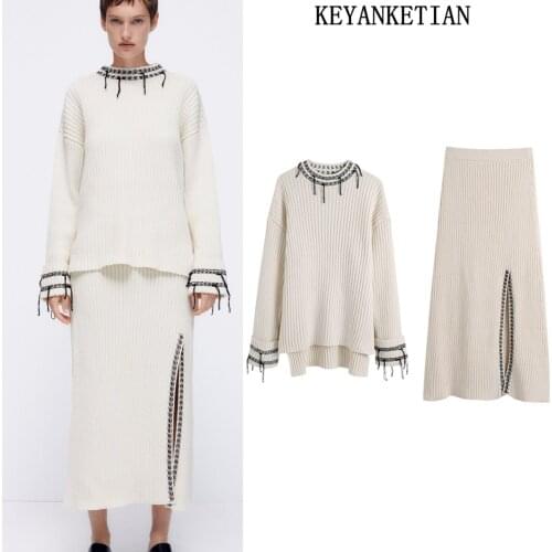 KEYANKETIAN Za Womens Fashion Tassel Asymmetric Knit Pullover Long Sleeve Sweater Womens Chic Top Stitched Knit Skirt Set